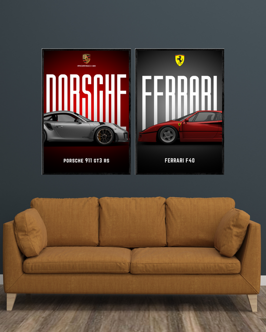 Porsche x Ferrari | 2 - Panel Wall Art | Cars Wall Art