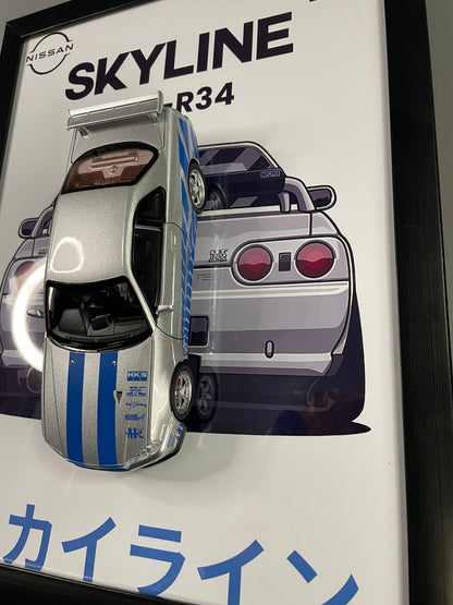 Nissan Skyline GT-R R34 | Car Scale 1:24 | 3D Diecast Frame | Cars Wall Art