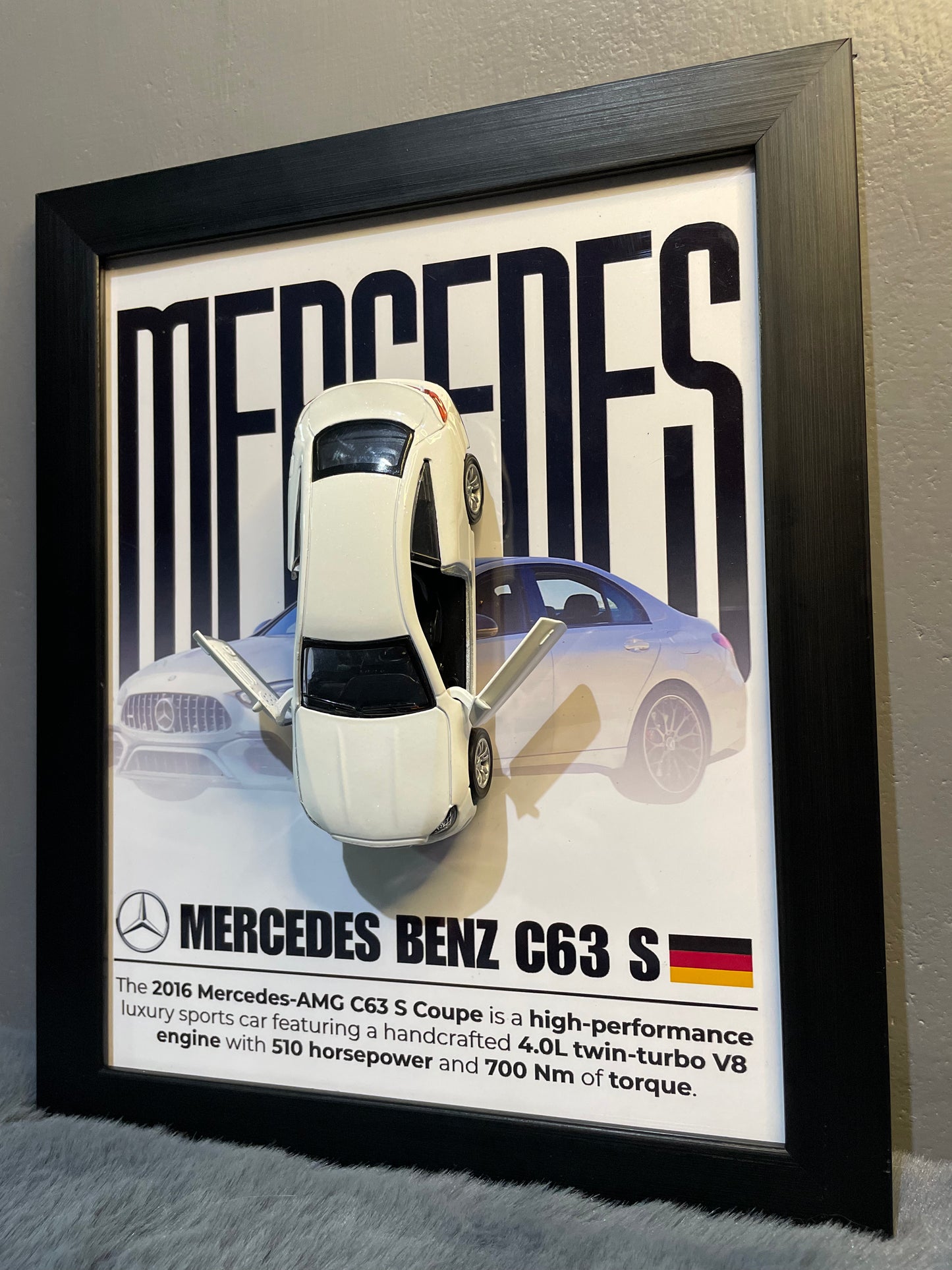 Mercedes C63 S | Car Scale 1:36 | Kinsmart Licensed Model |3D Diecast Frame | Cars Wall Art