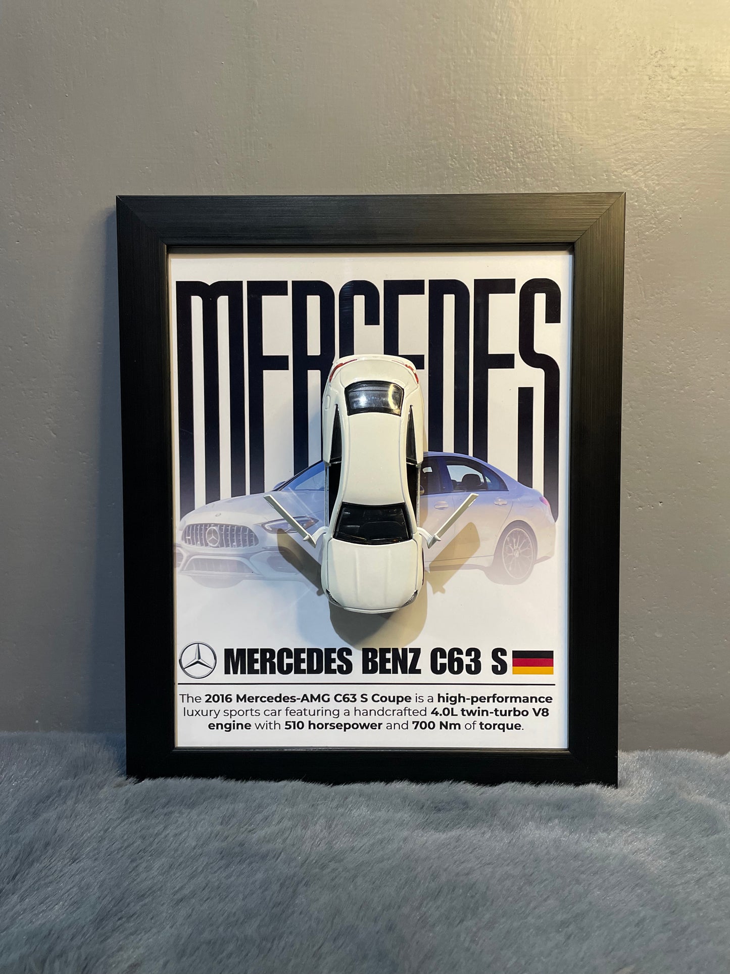 Mercedes C63 S | Car Scale 1:36 | Kinsmart Licensed Model |3D Diecast Frame | Cars Wall Art