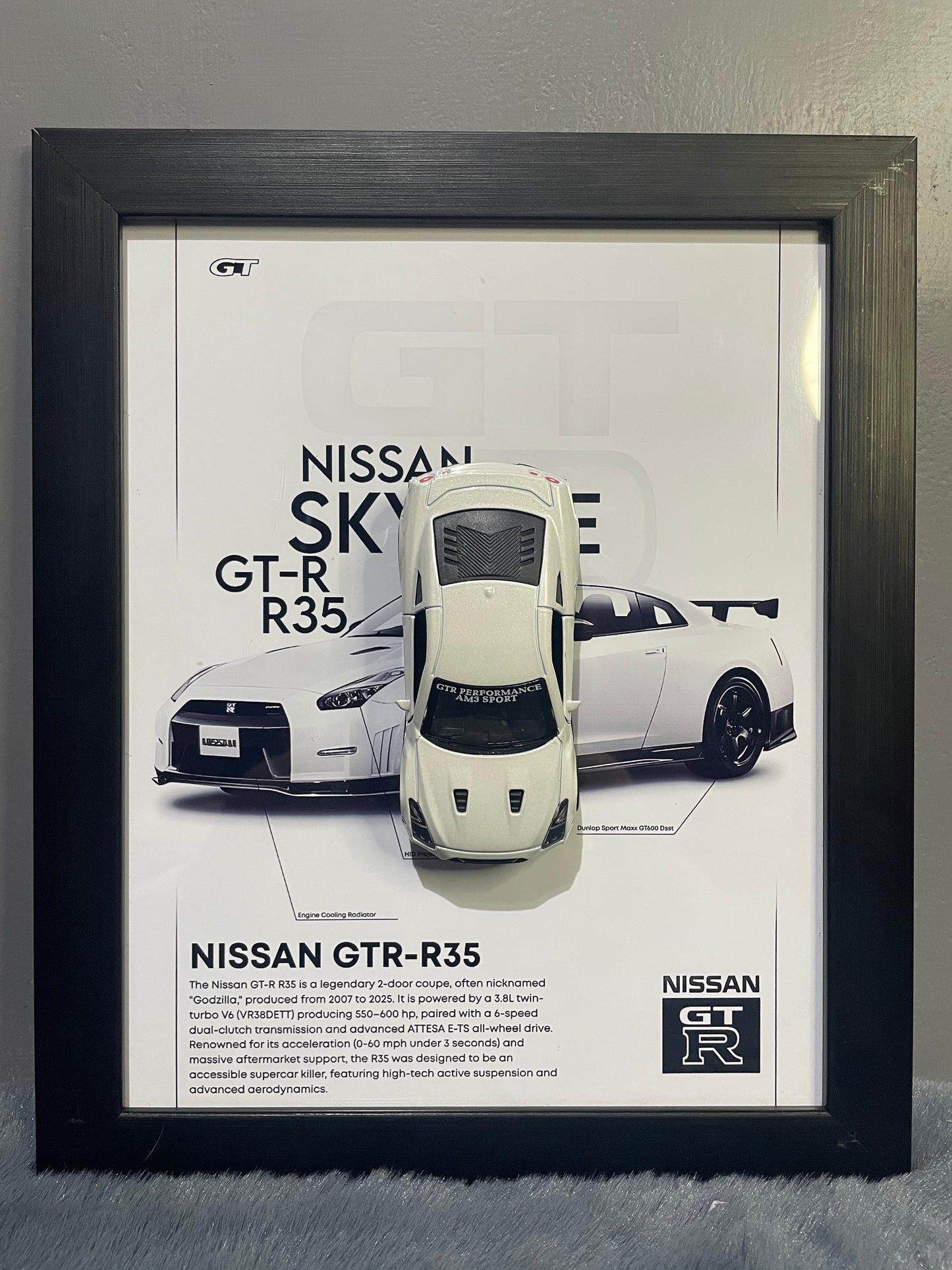 Nissan GTR R-35 | Kinsmart Official Licensed Model - Car Scale 1:36 | 3D Diecast Frame | Cars Wall Art