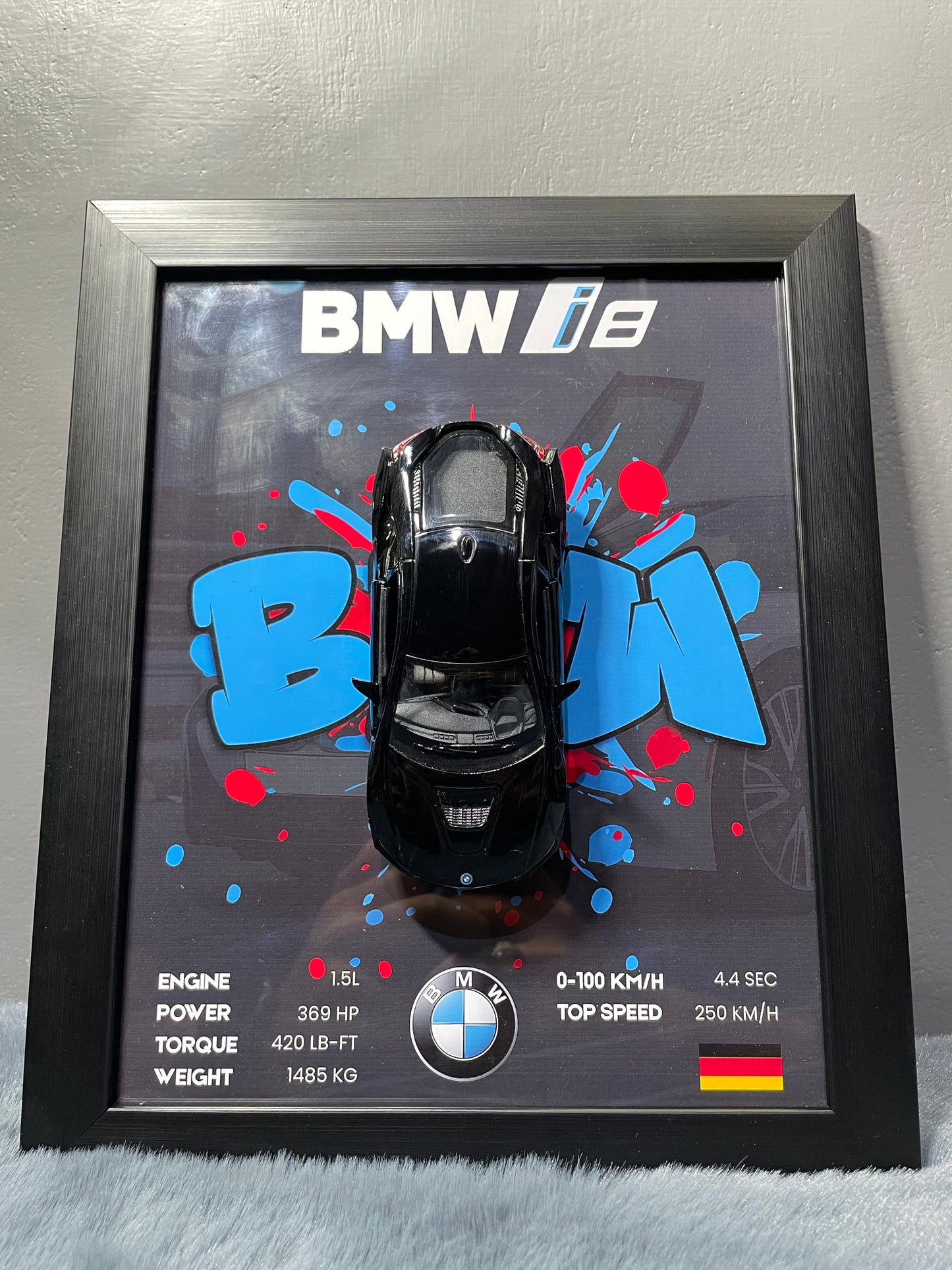 BMW i8 | Kinsmart Licensed Model - Car Scale 1:36 | 3D Diecast Frame | Cars Wall Art