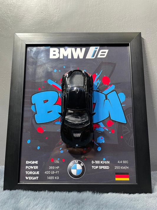 BMW i8 | Kinsmart Licensed Model - Car Scale 1:36 | 3D Diecast Frame | Cars Wall Art
