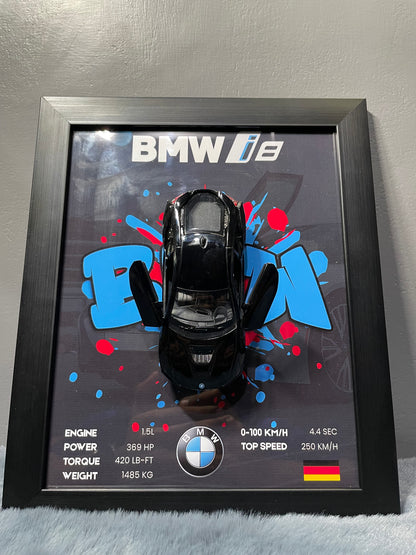 BMW i8 | Kinsmart Licensed Model - Car Scale 1:36 | 3D Diecast Frame | Cars Wall Art