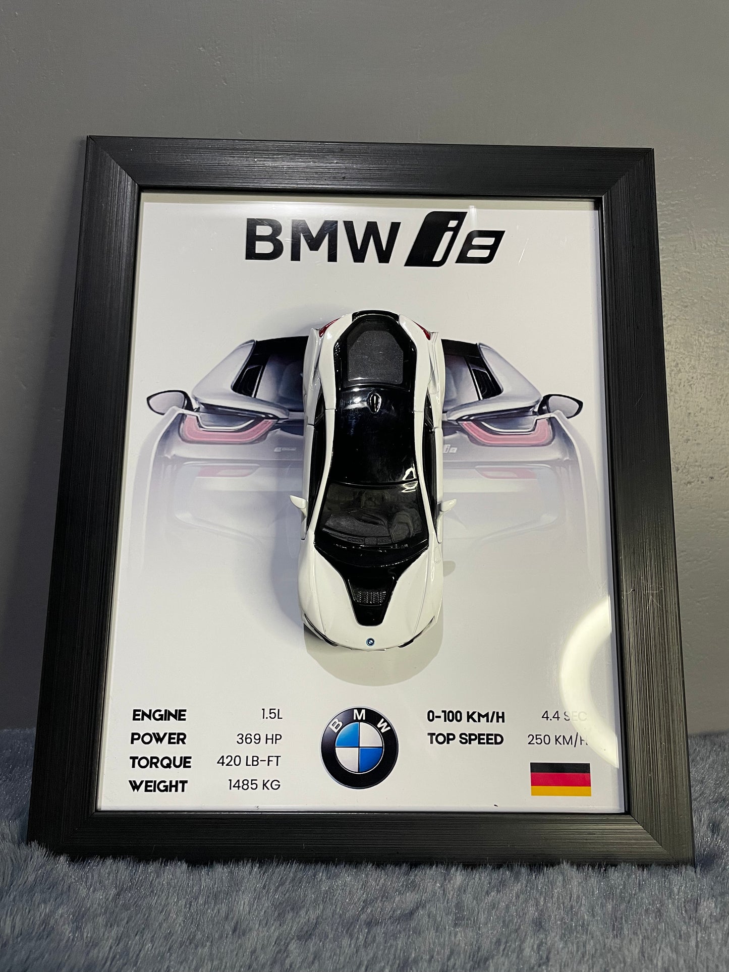 BMW i8 | Kinsmart Licensed Model - Car Scale 1:36 | 3D Diecast Frame | Cars Wall Art