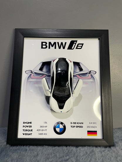 BMW i8 | Kinsmart Licensed Model - Car Scale 1:36 | 3D Diecast Frame | Cars Wall Art