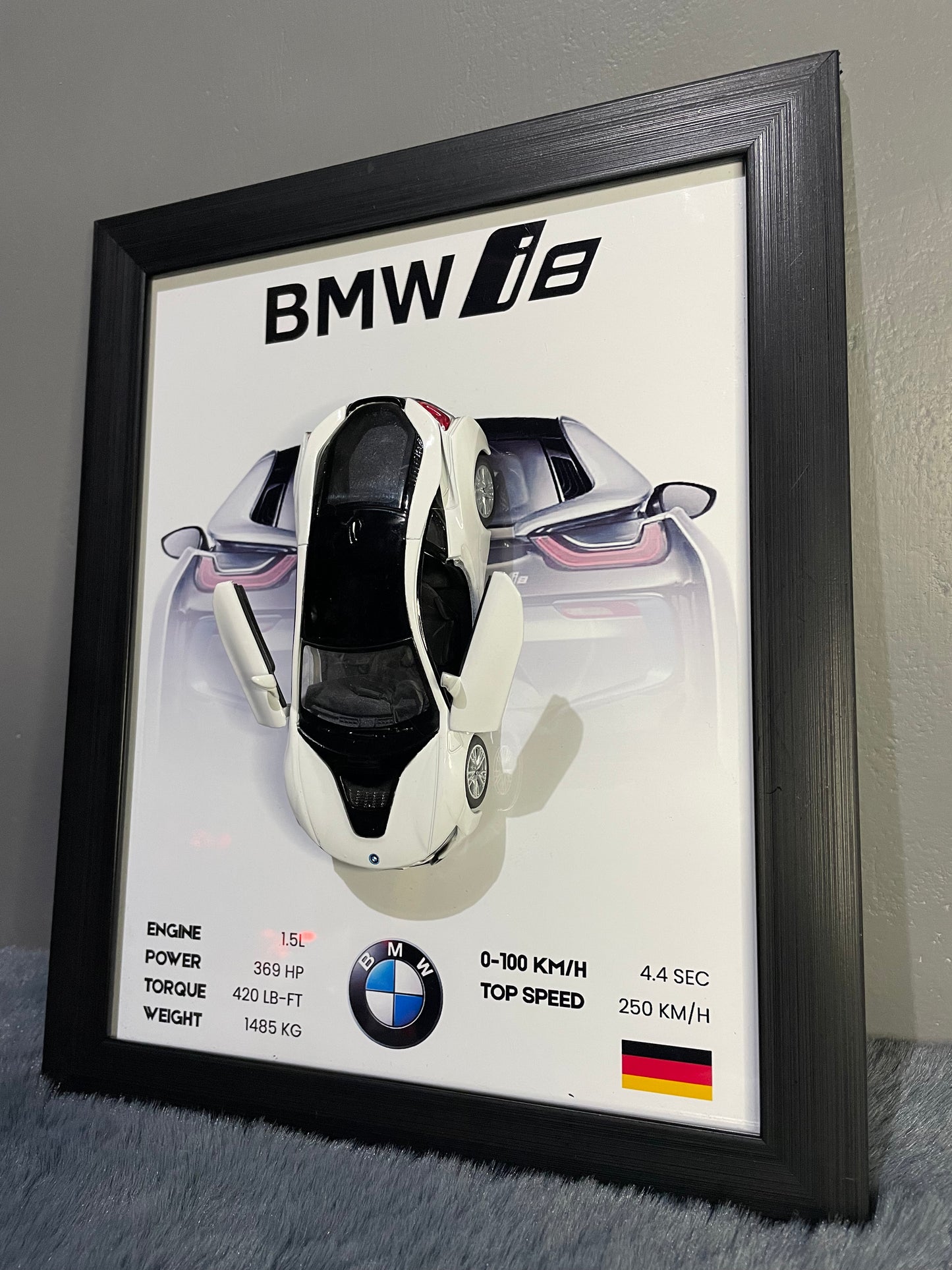 BMW i8 | Kinsmart Licensed Model - Car Scale 1:36 | 3D Diecast Frame | Cars Wall Art