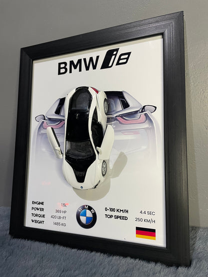 BMW i8 | Kinsmart Licensed Model - Car Scale 1:36 | 3D Diecast Frame | Cars Wall Art
